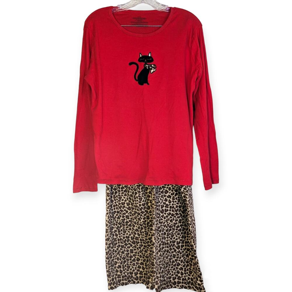 Womens Black Kitty Cat Classic Red Brown Animal Print Bell Pajama Pj Set XL